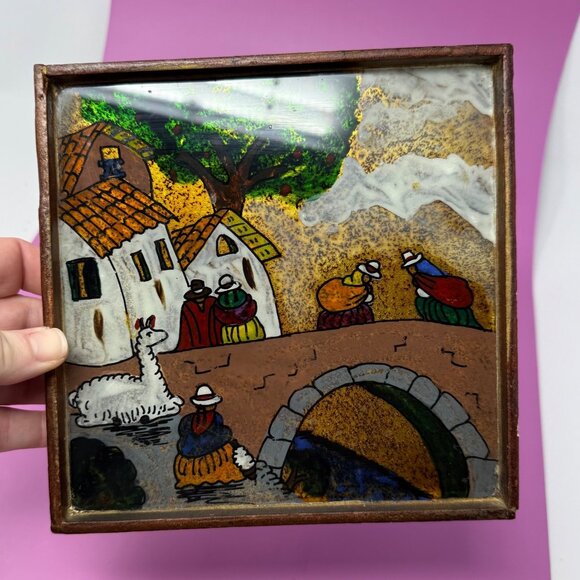 Small Vtg Peruvian Reverse Glass Art Painting Adobe Village Rustic Peru Folk Art - Picture 2 of 4